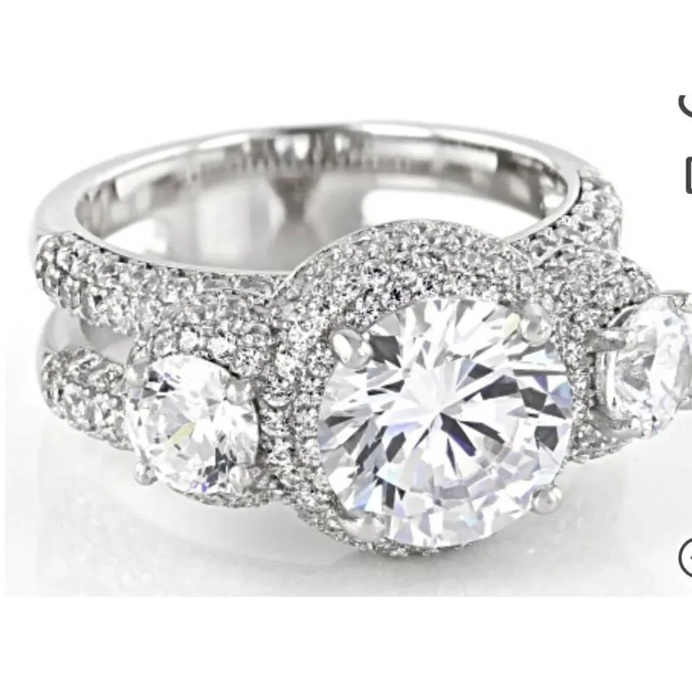 Gorgeous 9.4 Ct. Genuine Diamond Simulant Three Stone Halo Pave Wedding Ring #8